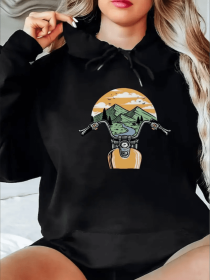 Women's Cozy  Hoodie With Motorcycle & Mountain Print - Casual Pullover Sweatshirt, Classic Design (Option: Black-M)