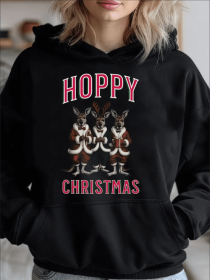 Women'S Hoppy Christmas Kangaroo Print Hoodie - Casual Long Sleeve Pullover With Hood For Fall Winter - Festive Drawing Pattern Hooded Sweatshirt (Option: Black-L)