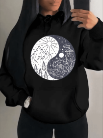 Women's Casual Hoodie With Mountain Print - Cozy Fleece-Lined Pullover, Long Sleeve, Drawstring Hood & Kangaroo Pocket For Fall Winter (Option: Black-M)