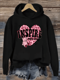 Women'S Casual  Hoodie With Inspirational Graphic & Letter Print - Rib-Knit Hooded Sweatshirt With Cartoon & Floral Patterns For Fall Winter (Option: Black-M)