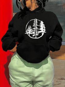 Plus Size Graphic Print Hoodie, Drawstring Casual Hooded Sweatshirt For Winter & Fall, Women's Plus Size Clothing (Option: Black-M)