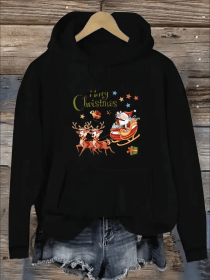 Women'S Christmas Themed Casual Hoodie With Reindeer And Santa Print,Hooded Collar With Drawstring, All-Season Comfort, Festive Pocket Top (Option: Black-2XL)
