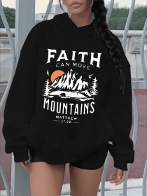 Women's Plus Size Casual Hooded Sweatshirt, Fall Winter, Mountain & Letter Print Design, Fashion Versatile Hoodie (Option: Black-2XL)