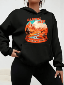 Women'S Casual Hoodie With Capitol Reef National Park Landscape Print, Hooded Collar, Kangaroo Pocket - Fall Winter Fashion (Option: Black-M)