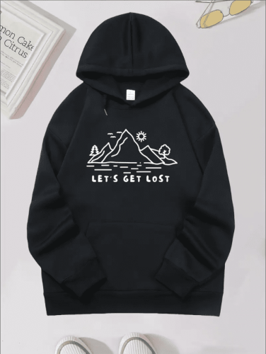 Women'S Casual Hooded Pullover Sweatshirt, Slight Stretch, Mountain Print, With Kangaroo Pocket, For All-Season Active Hoodie