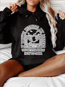 Women's Casual Hoodie With Coconut Tree & Letter Design - Cozy Long Sleeve Drawstring Pullover, Perfect For Fall & Winter (Option: Black-M)