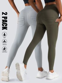 2 Pack High Waist Yoga Pants With Pockets, Tummy Control Workout Running Yoga Leggings For Women (Option: 2PACK1-M)
