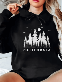 Women's Cozy  Hoodie With Pine Tree & Moon Print - Casual Pullover Sweatshirt, Classic Design (Option: Black-M)