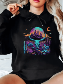 Women'S Casual  Hoodie With Cow Skull And Mountain Print - Comfortable Round Neck Pullover For All Seasons - Stylish Adult Hooded Sweatshirt (Option: Black-M)