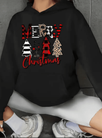 Women's Casual Hoodie With Merry Christmas Tree Print, Long Sleeve Hooded Sweatshirt With Kangaroo Pocket For Fall Winter (Option: Black-M)