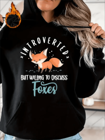 Plus Size Fox & Letter Print Hoodie, Drawstring Casual Hooded Sweatshirt For Winter & Fall, Women's Plus Size Clothing (Option: Black-M)