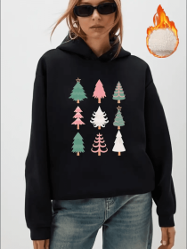 Women'S Casual Hoodie With Christmas Tree Print, Fall Winter Fleece-Lined Pullover, Hooded Sweatshirt With Various Patterns - Cozy & Warm (Option: Black-2XL)