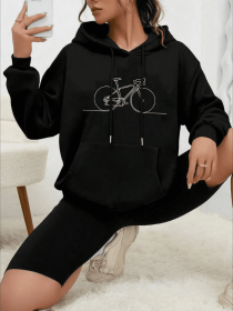 Women's Casual Long Sleeve Hooded Drawstring Sweatshirt With Bicycle Print, Sportswear For Fall & Winter, Outdoor Wear (Option: Black-M)