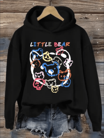 Women'S  Hoodie With Cartoon Little Bear Print, Casual Rib-Knit Hooded Sweatshirt, Alphabet & Animal Pattern, Fall Winter Fashion (Option: Black-M)