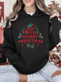 Women'S Christmas Themed Print Hoodie, Casual Pullover, With Long Sleeves And Hooded Collar, With Applique Detail, For Fall Winter (Option: Black-M)