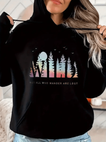 Trees Print Kangaroo Pocket Hoodie, Casual Long Sleeve Drawstring Hooded Sweatshirt, Women's Clothing (Option: Black-M)