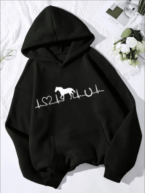 Stylish Horse Print Kangaroo Pocket Casual Long Sleeve Hoodie Sweatshirt For Women (Option: Black-2XL)