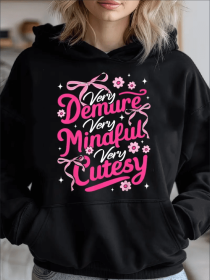 Retro Coquette Bow Very Demure Very Cutesy Very Mindful Cozy Classic Print Pullover Hoodie, Casual Long Sleeve Hoodie For Sprots (Option: Black-L)