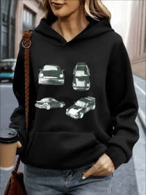 Car Print Hoodie, Casual Long Sleeve Kangaroo Pocket Hooded Sweatshirt, Women's Clothing (Option: Black-M)