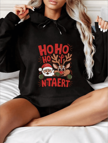 Festive Christmas Reindeer Print Hoodie For Women, Casual Long Sleeve Pullover With Kangaroo Pocket, All-Season Hooded Sweatshirt