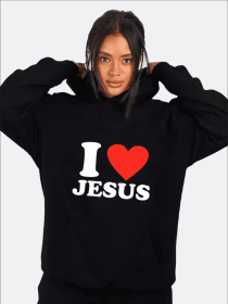 I Love Jesus Print Hoodie, Casual Long Sleeve Hoodies Sweatshirt, Women's Clothing (Option: Black-M)