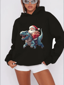 Women'S Christmas Cartoon Print Hoodie - Casual Hooded Sweatshirt With Rib Festive Santa On Dinosaur Graphic, Drawstring Collar, For Fall Winter (Option: Black-M)