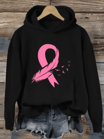 Women'S Fashion Hoodie With Pink Ribbon And Feather Print, Casual Sweatshirt With Hood, Unisex Fall Winter Hooded Sweatshirt With Ribbed Cuffs And Hem (Option: Black-M)