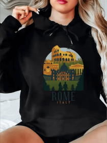 Colosseum Statue Building Printed Hoodie, Women's Casual Comfortable Fit Classic Design Sweatshirt (Option: Black-M)