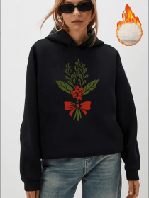 Christmas Floral Hoodie For Women, Casual Sweatshirt With Hood, Fall Winter Warm Fleece Pullover, Festive Animal & Fruit Patterns, Western Style (Option: Black-2XL)