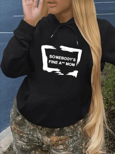 Plus Size Letter Print Drawstring Hoodie, Casual Long Sleeve Kangaroo Pocket Hooded Sweatshirt For Fall & Winter, Women's Plus Size Clothing