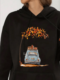 Women'S Plus Size Casual Hoodie With Car Graphic Print, Hooded Pullover Sweatshirt For Fall Winter (Option: Black-L)