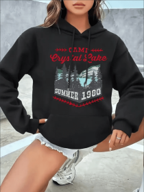 Women'S Casual Hooded Sweatshirt With Drawstring -Long Sleeve, Regular Fit With Pocket Detail, Landscape & Alphabet Print, Fall Winter Fashion (Option: Black-M)