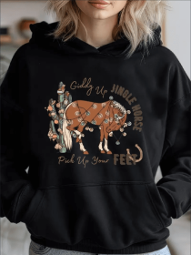 Western Christmas Hoodie,  Casual Fall Winter Hooded Top, Long Sleeve Pullover With Jingle Horse Graphic For Adults (Option: Black-M)