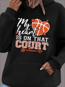 Basketball & Letter Print Drawstring Hooded Sweatshirt, Long Sleeves Kangaroo Pocket Casual Hoodie, Women's Clothing (Option: Black-M)
