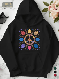 Women'S Colorful Peace Symbol Mandalas Hoodie, Casua Pullover With Pocket, Geometric Pattern, Autumn Winter Fashion, Hooded Sweatshirt (Option: Black-L)
