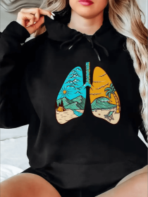 Women's Comfy Hoodie With Unique Lung & Sun Print - Casual Pullover Sweatshirt, Classic Design (Option: Black-M)