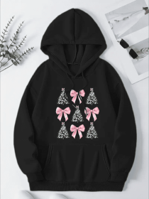 Women'S Christmas Tree & Pink Bow Print Hoodie, Casual Polyester Knit Fabric Hooded Sweatshirt, With Pocket, For Daily Wear And Holiday Festivities (Option: Black-M)